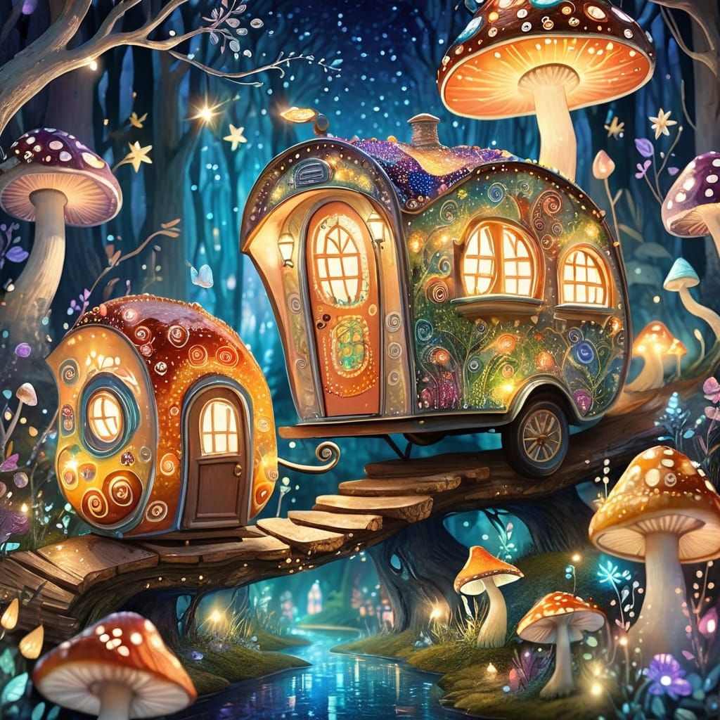 Magical Snail Caravan in Whimsical Watercolor Forest