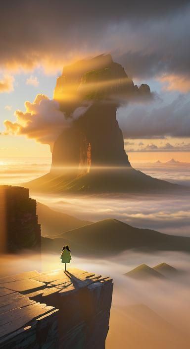 Ethereal Warrior on Windswept Cliff in Digital Art