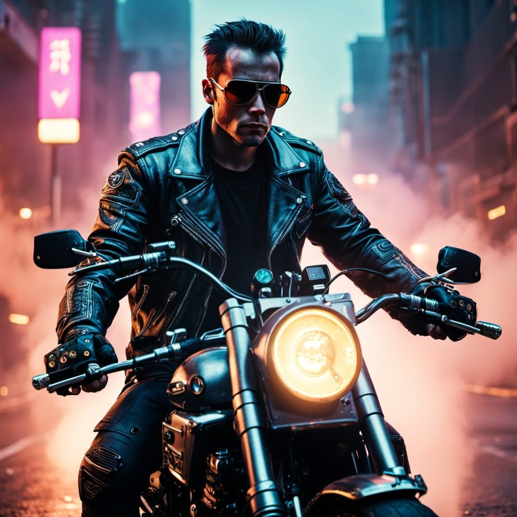 Cyberpunk Terminator Baby on Motorcycle