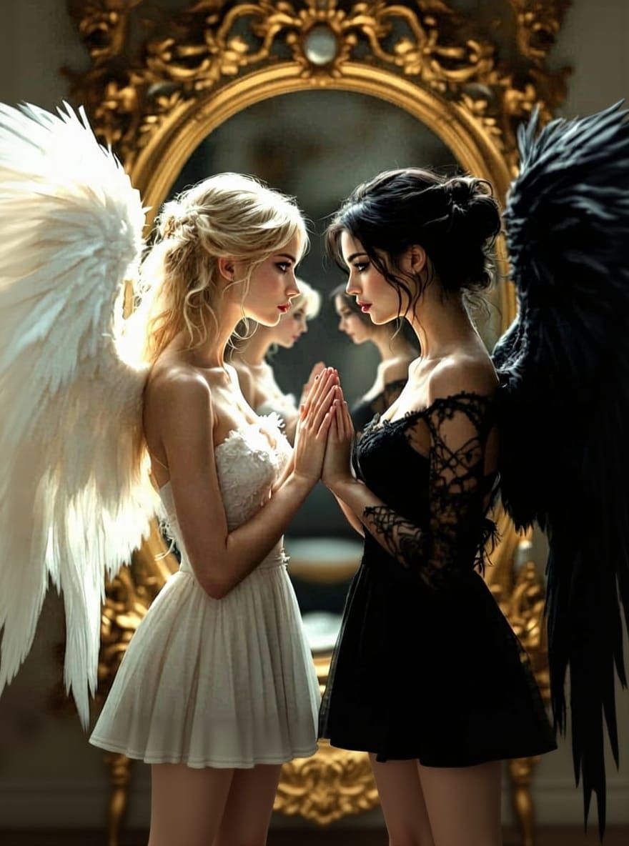 Angelic Embrace: Good and Evil Kiss in Ornate Mirror