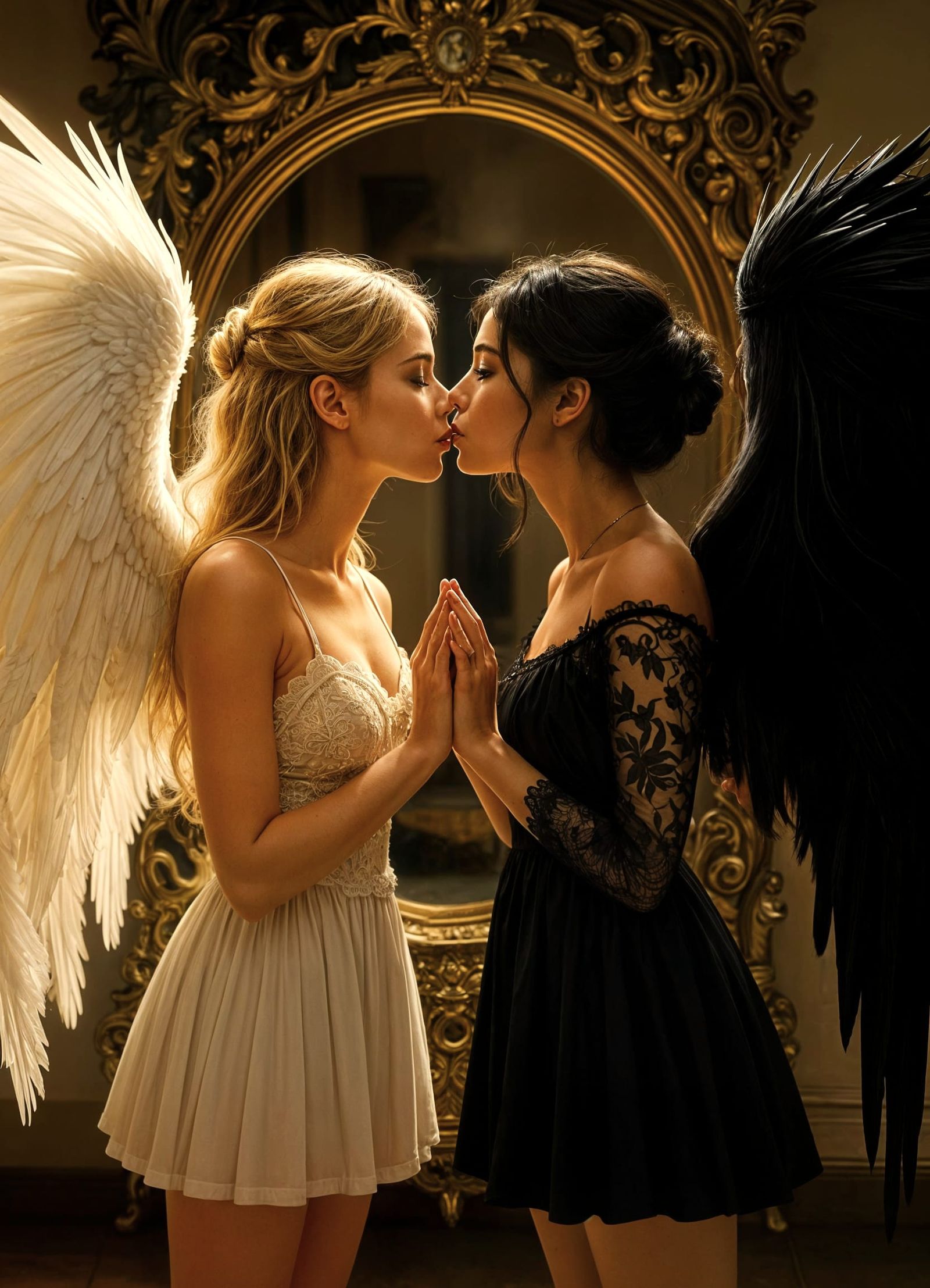 Angelic Embrace: Good and Evil Kiss in Ornate Room