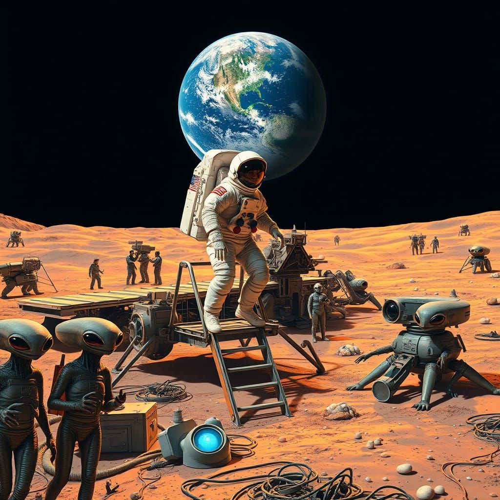 Spacesuit Astronaut Steps onto Futuristic Movie Set on the M...