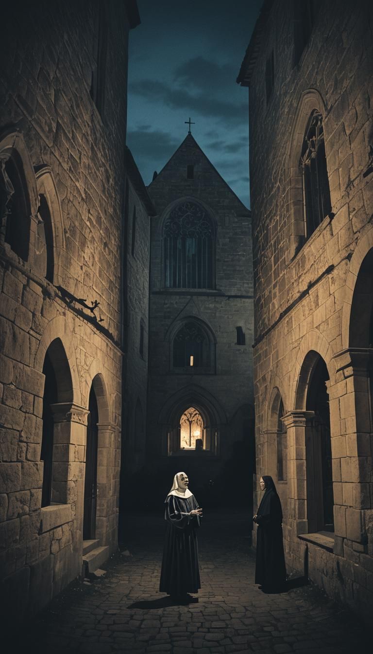 Eerie Abbey Suicide: Cinematic Film Still