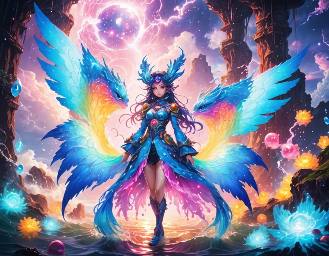 Mystic Water Creature Splashing in Neon Seascape