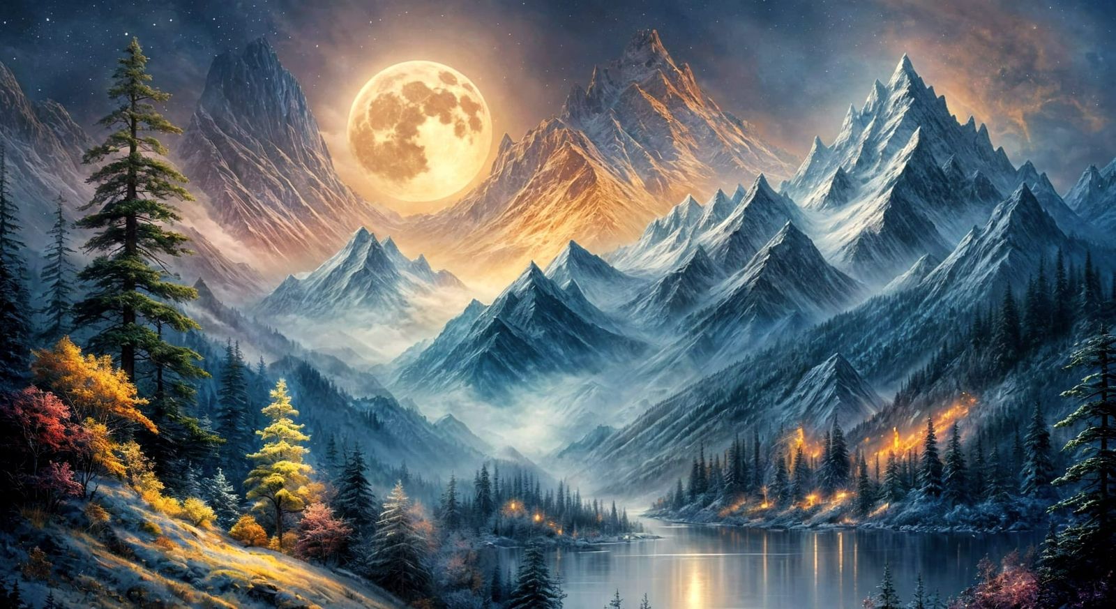 Majestic Night Mountain with Ethereal Moon