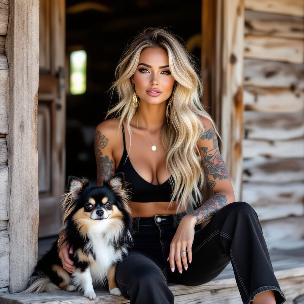 Dreamy Woman Smoking with Chihuahua on Porch