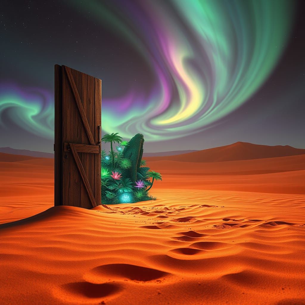 Alien Jungle Door in Desert Under Aurora Sky