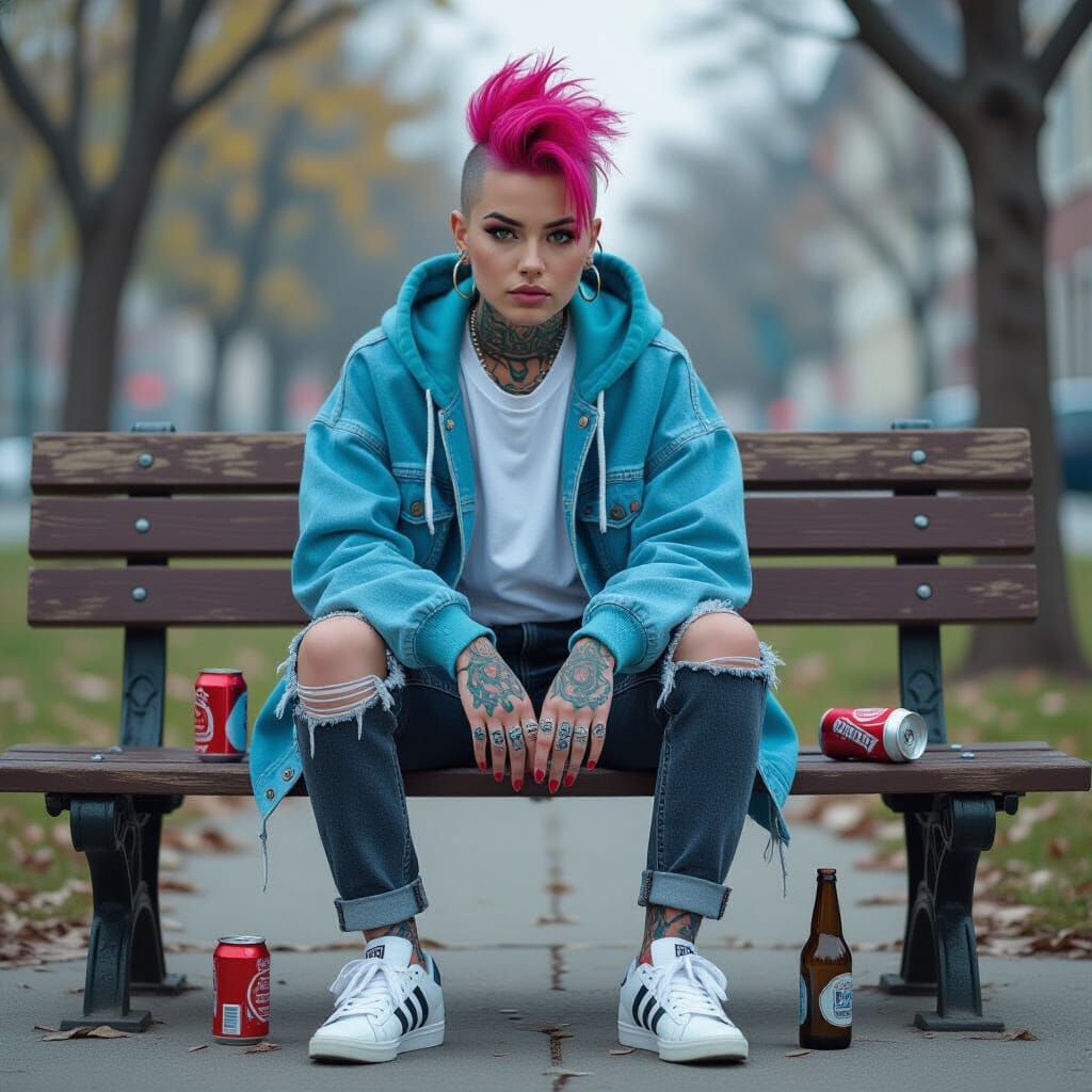 Punk Woman on Park Bench in Digital Art Style
