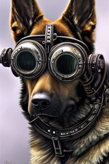 Steampunk German Shepherd Portrait in Dystopian Setting