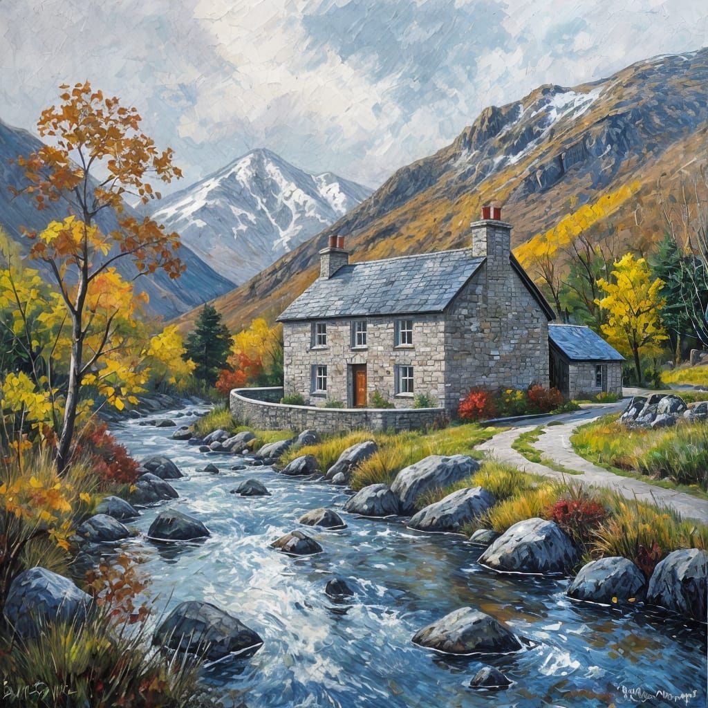 Impressionist Oil Painting of Snowdonia Cottage in Autumn Ra...