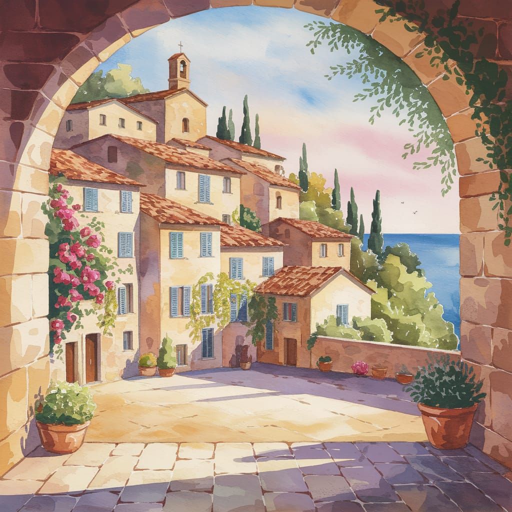 Grottammare Vecchia: Watercolour Painting of Italian Coastal...