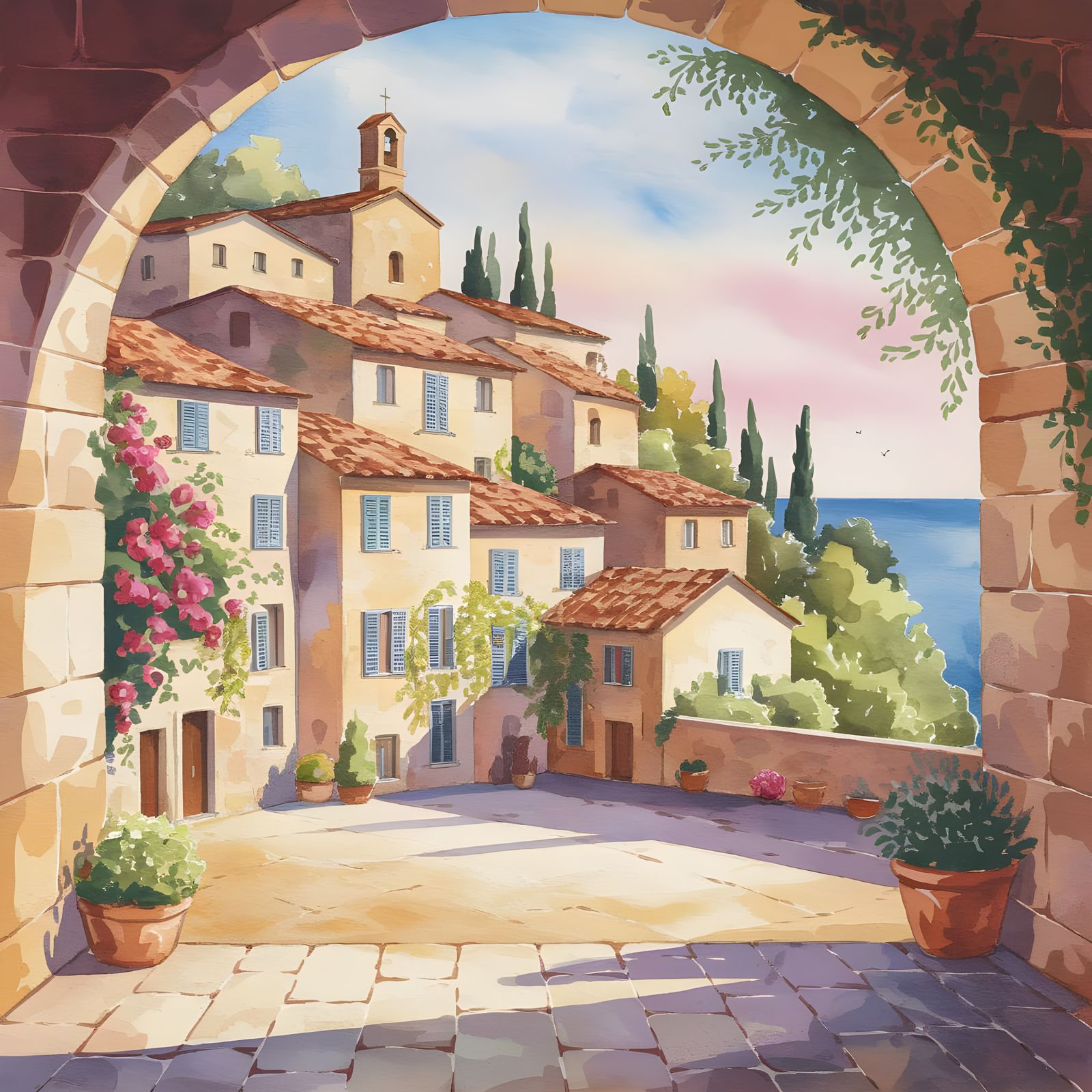 Grottammare Vecchia: Watercolour Painting of Italian Coastal...