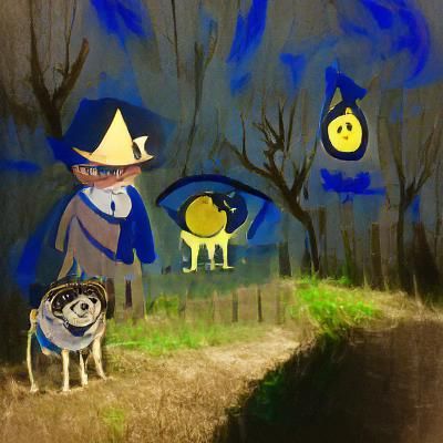 Blue Dog with Yellow Eyes Under Night Sky