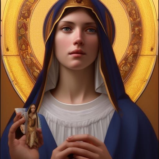 Virgin Mary Portrait in Golden Light, Digital Art