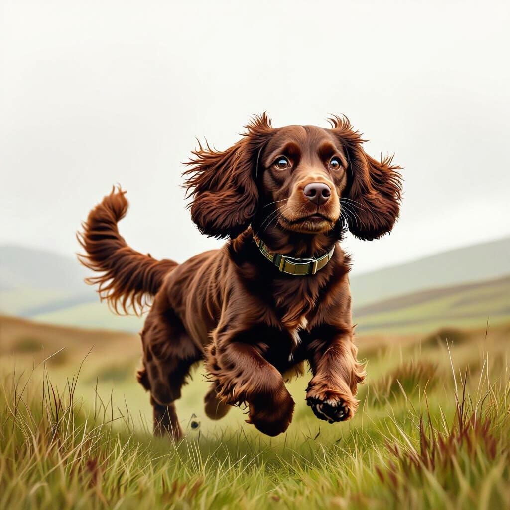 Cocker Spaniel Runs on Green Moors in Whimsical Style