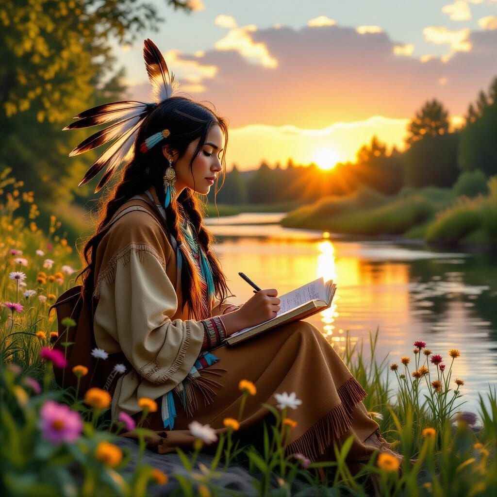 Native American Woman Sketching at Sunset, Digital Art