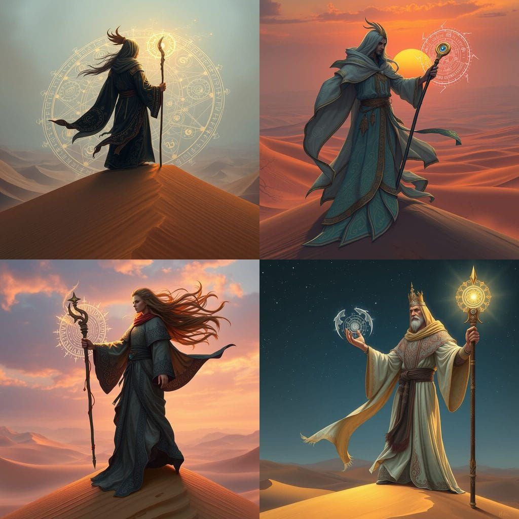 Windcaller Mage Conjuring Runes on Desert Dune