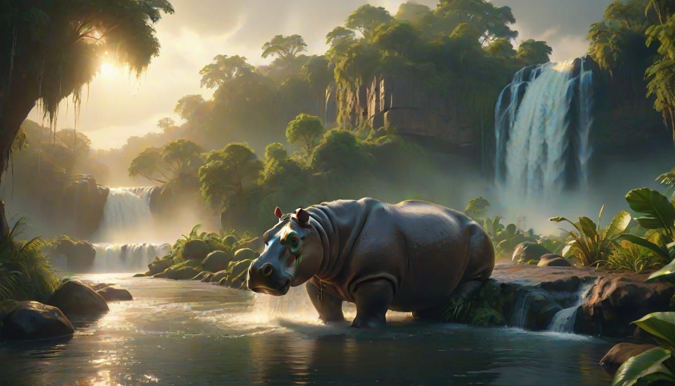 Hippo at Waterfall: Cinematic Digital Painting