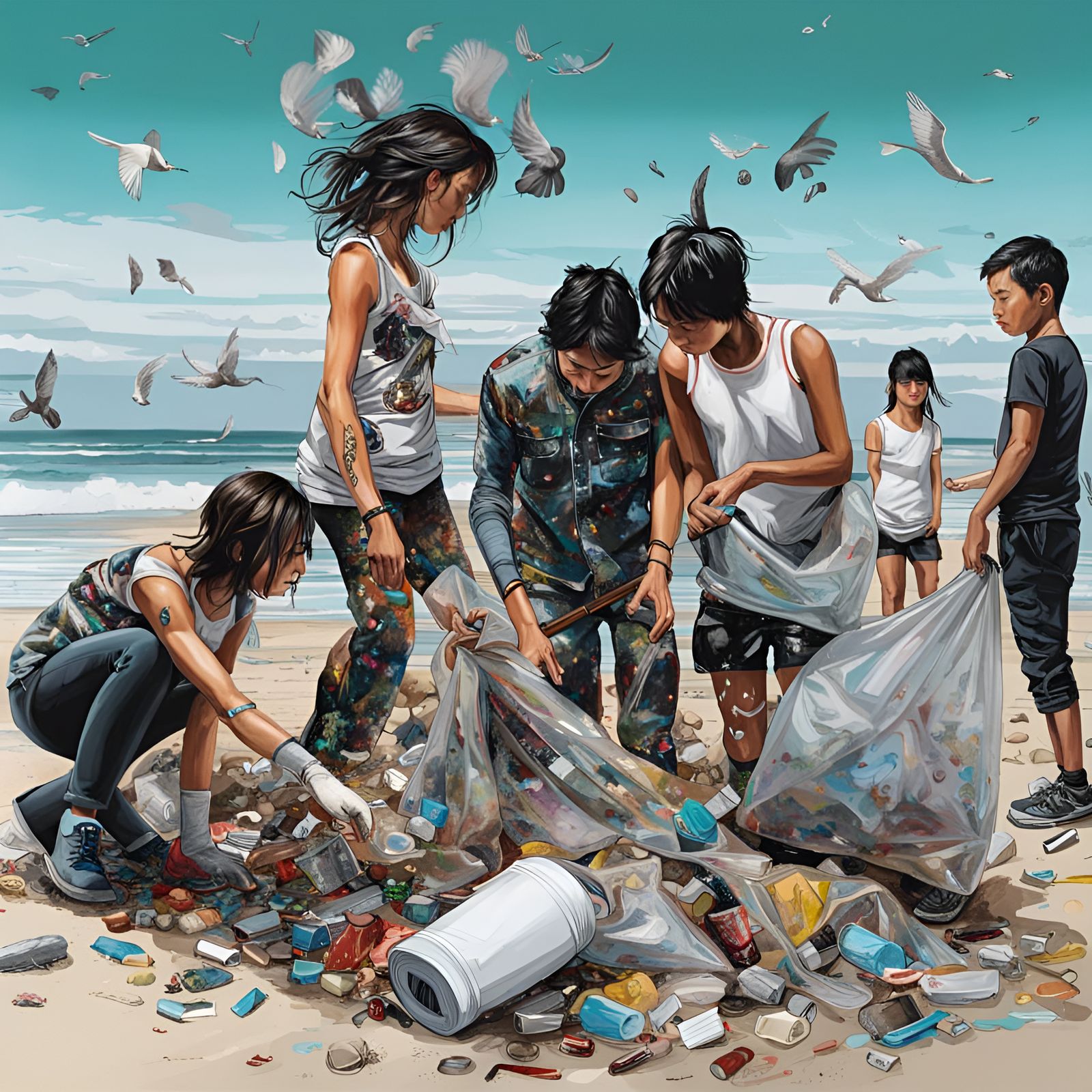 Teamwork: Young People Cleaning Beach Litter