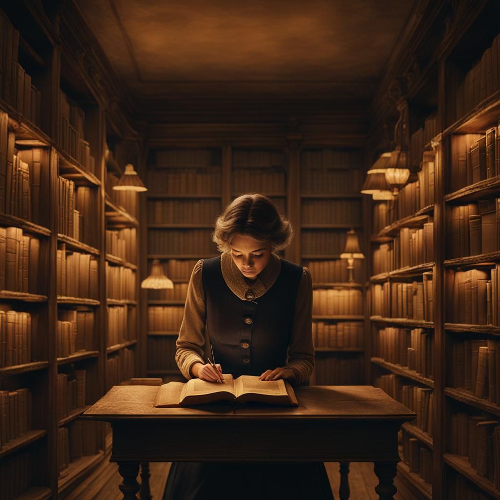 Cozy Library Film Still with Golden Lighting