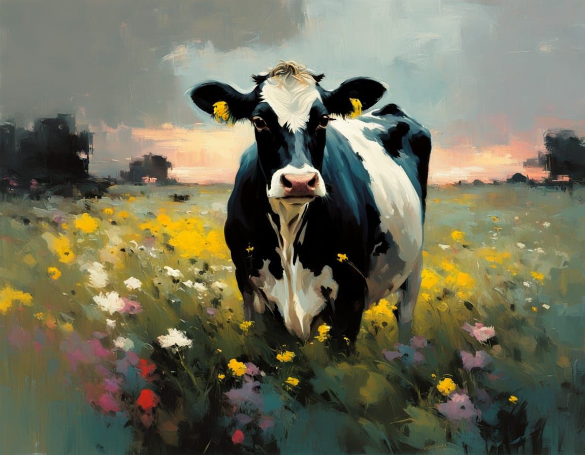 Vibrant Expressionist Portrait of a Black and White Cow in a...