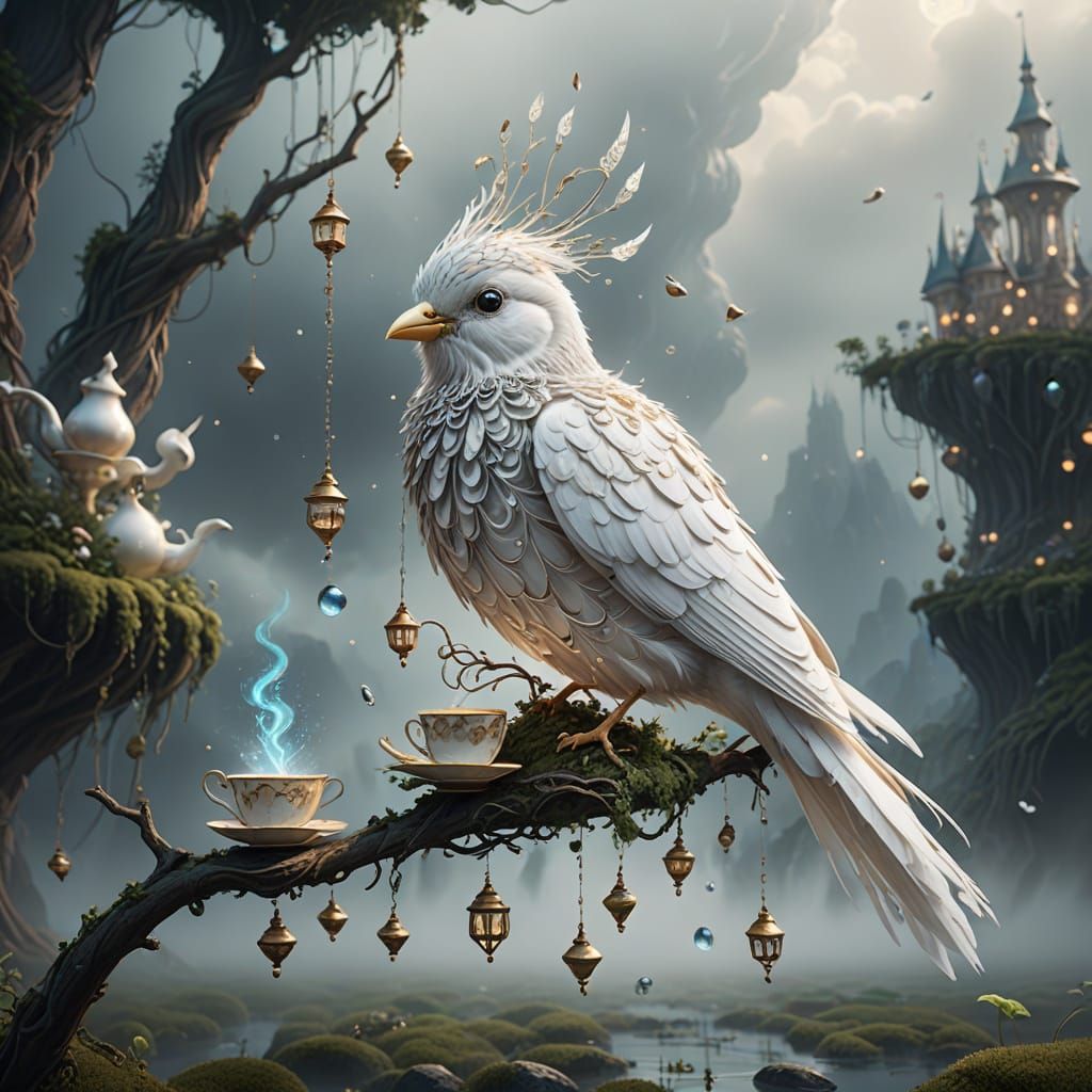 A surreal, ethereal white bird with shimmering silver-wire f...