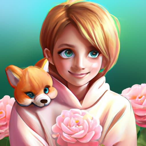 Anime Girl with Fox in Flower Garden