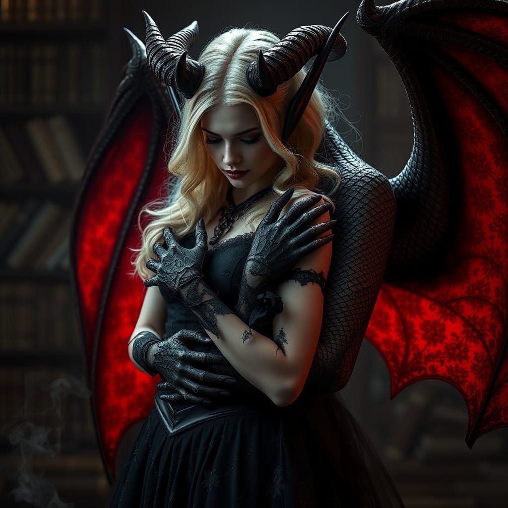 Demon and Blonde Goth Woman in a Romantic Victorian-Inspired...