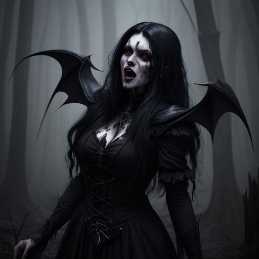 A vampire black night sorcerer with demonic eyes, and she is screaming. She has long black hair, wearing blood-soaked go...