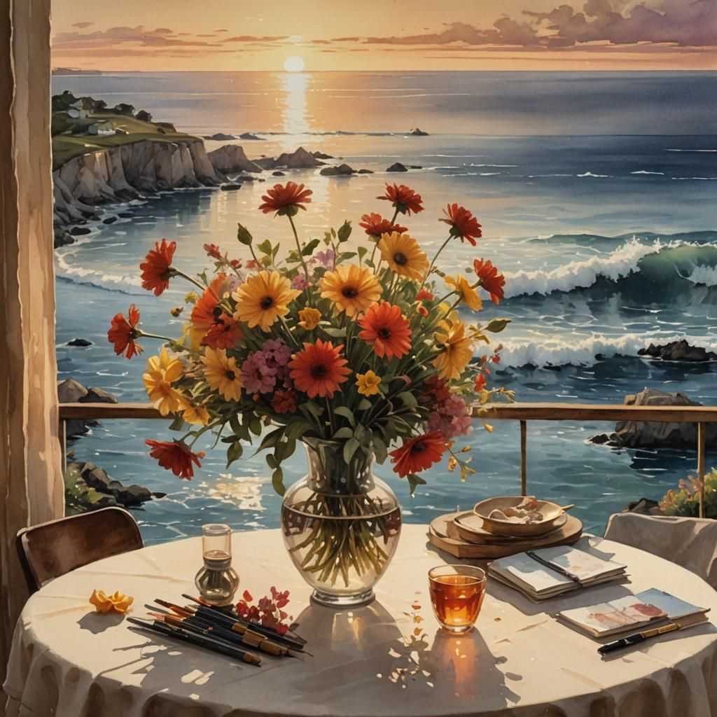 Ocean Sunset Still Life with Flowers