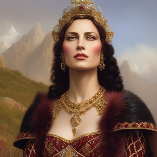 Queen in Red and Gold Gown, Detailed Mountainscape