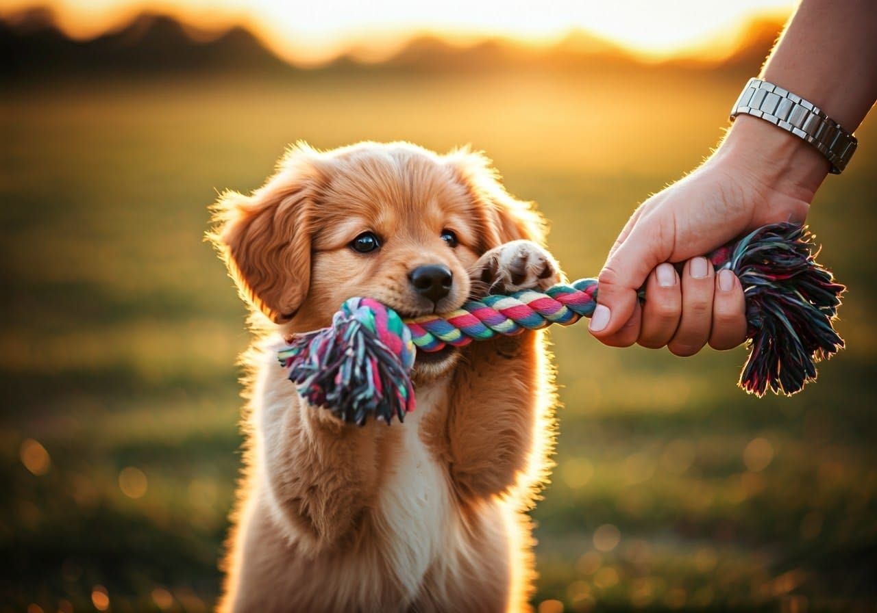 Puppy's Joyful Tug-of-War in Photorealistic Style