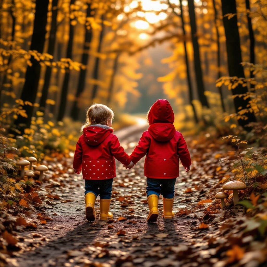 Toddlers Explore Autumn Forest Path in Golden Light
