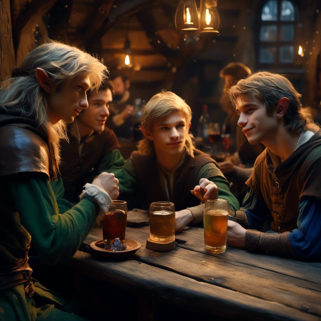 Elves' Drinking Contest in a Medieval Tavern