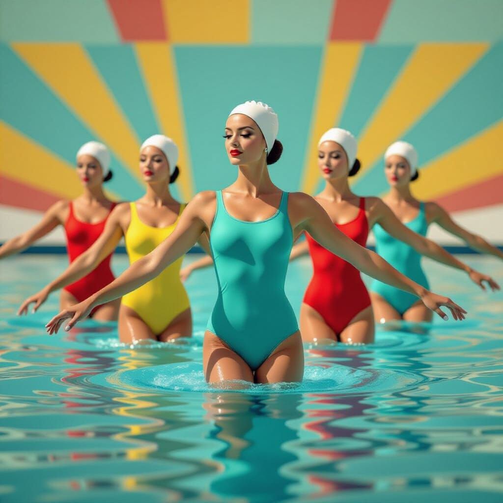 Synchronized Swimmers in Retro Wes Anderson Style