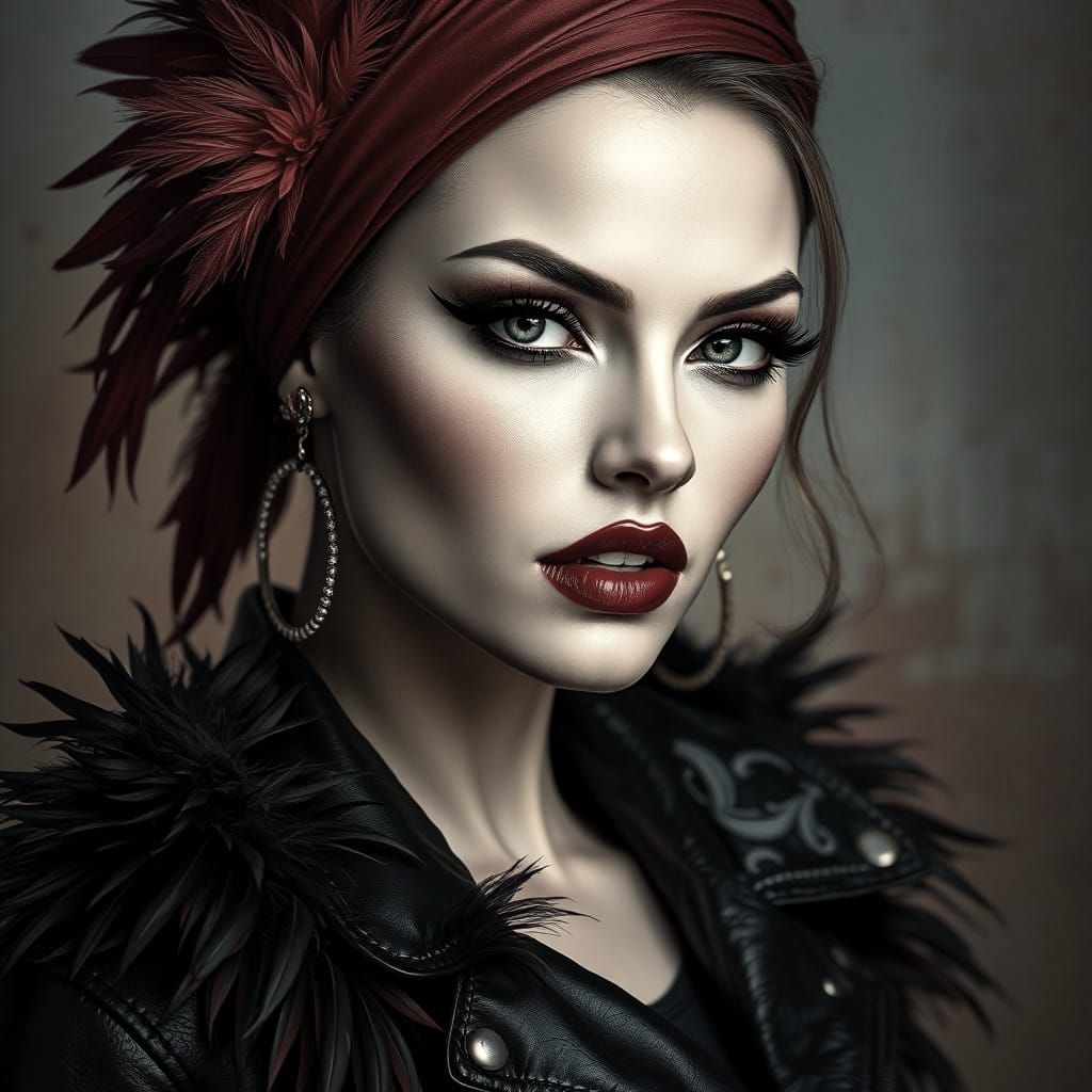 Feathered Leather Jacket Portrait in Splash Art Style