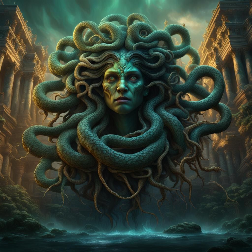 Detailed Matte Painting of Medusa in Deep Color