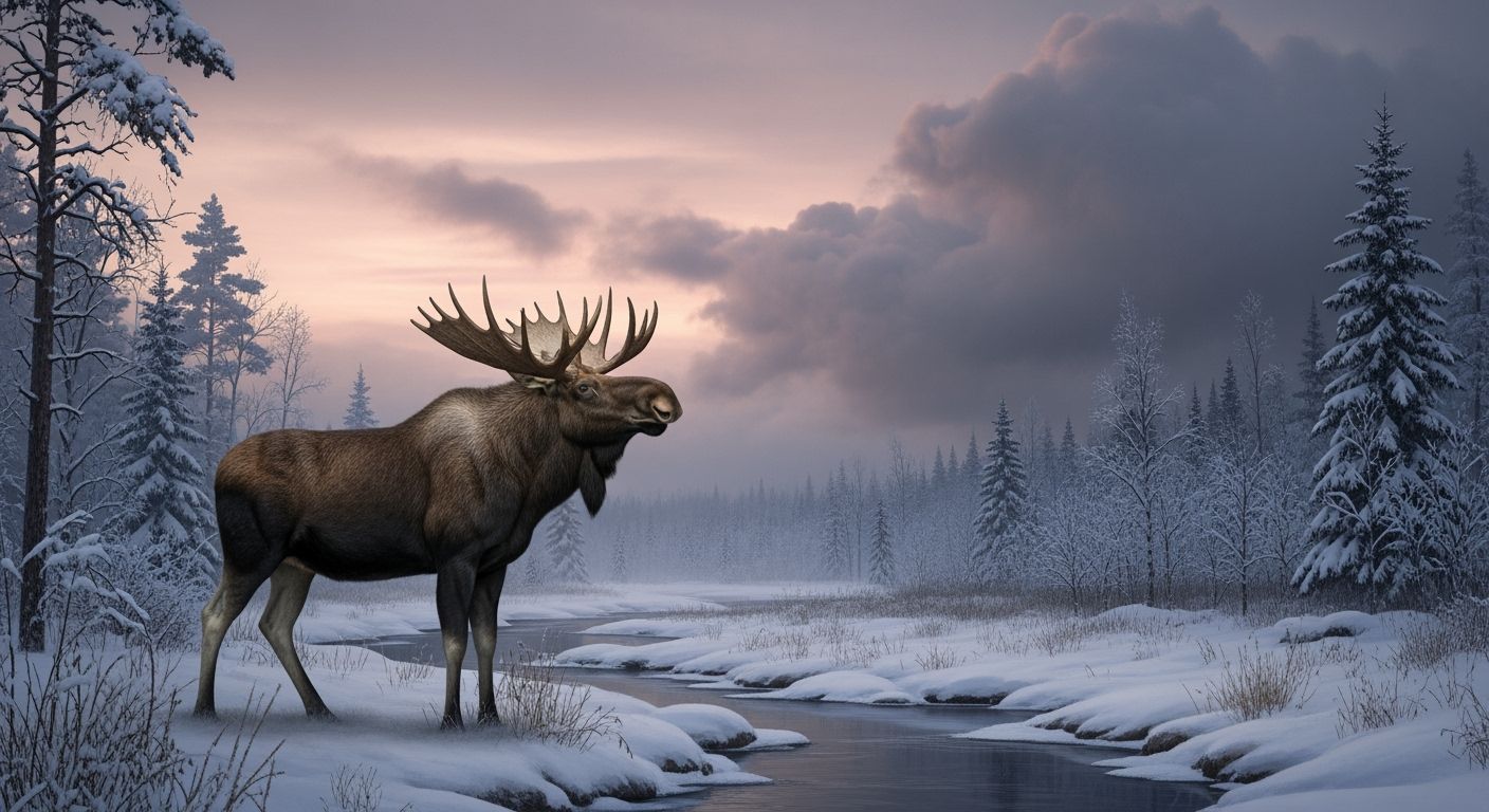 Majestic Bull Moose in Winter Landscape