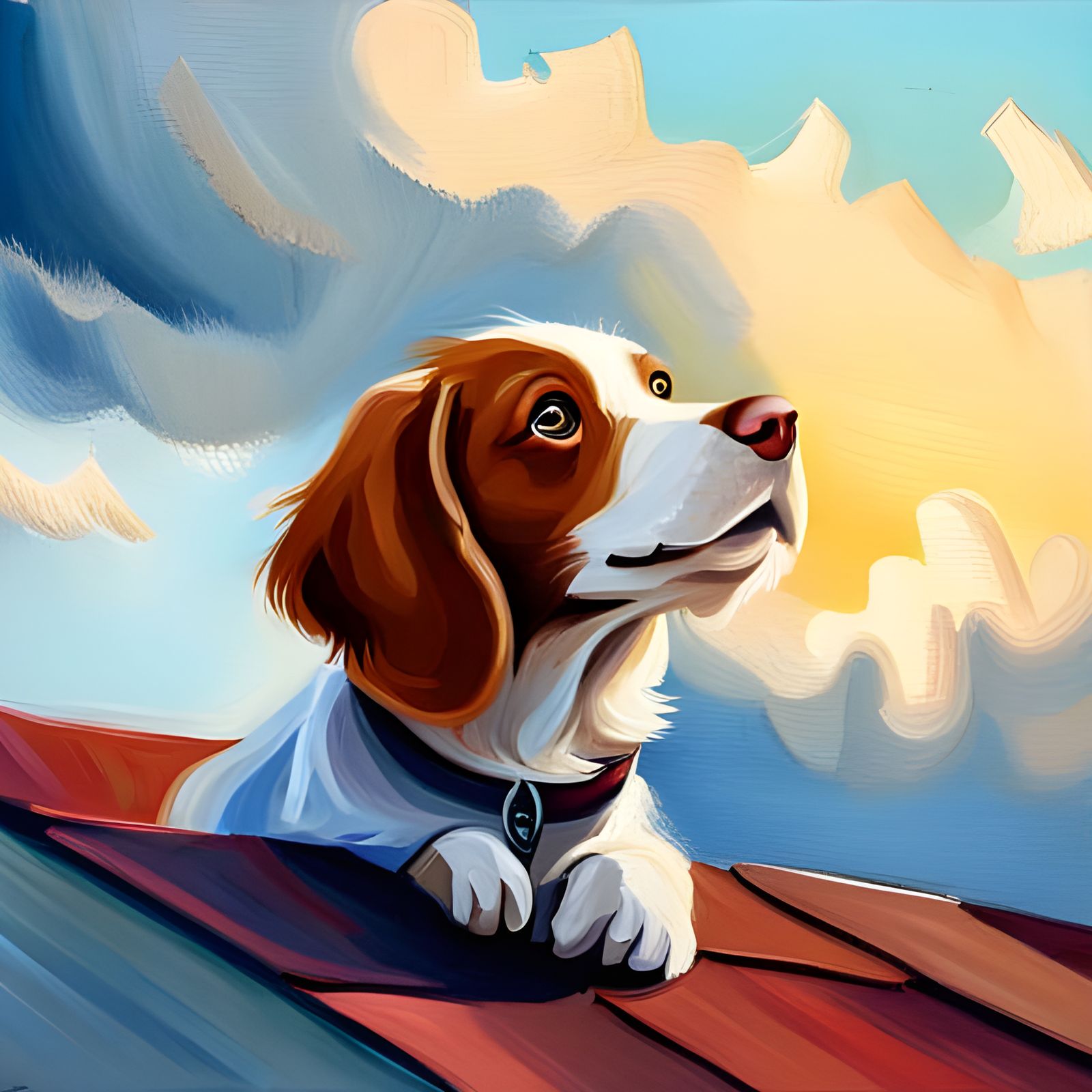 Charming Oil Painting of a Barking Dog on Roof