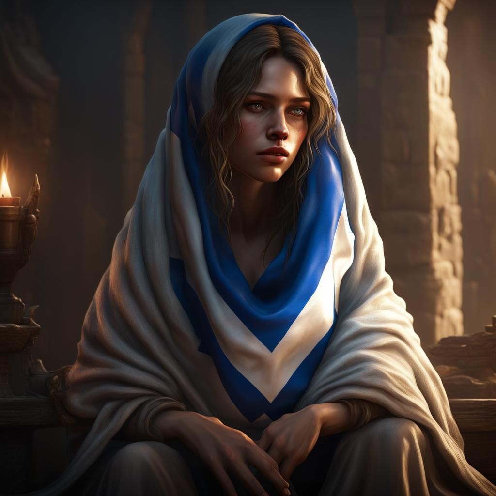 Sorrowful Woman with Israel Flag in Dark Fantasy Style