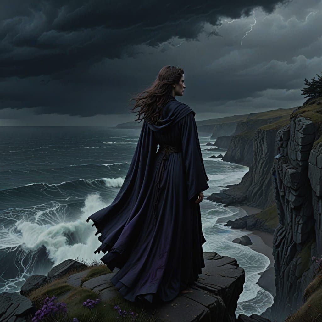 Gothic Witch Overlooks Stormy Sea in Art Nouveau Style