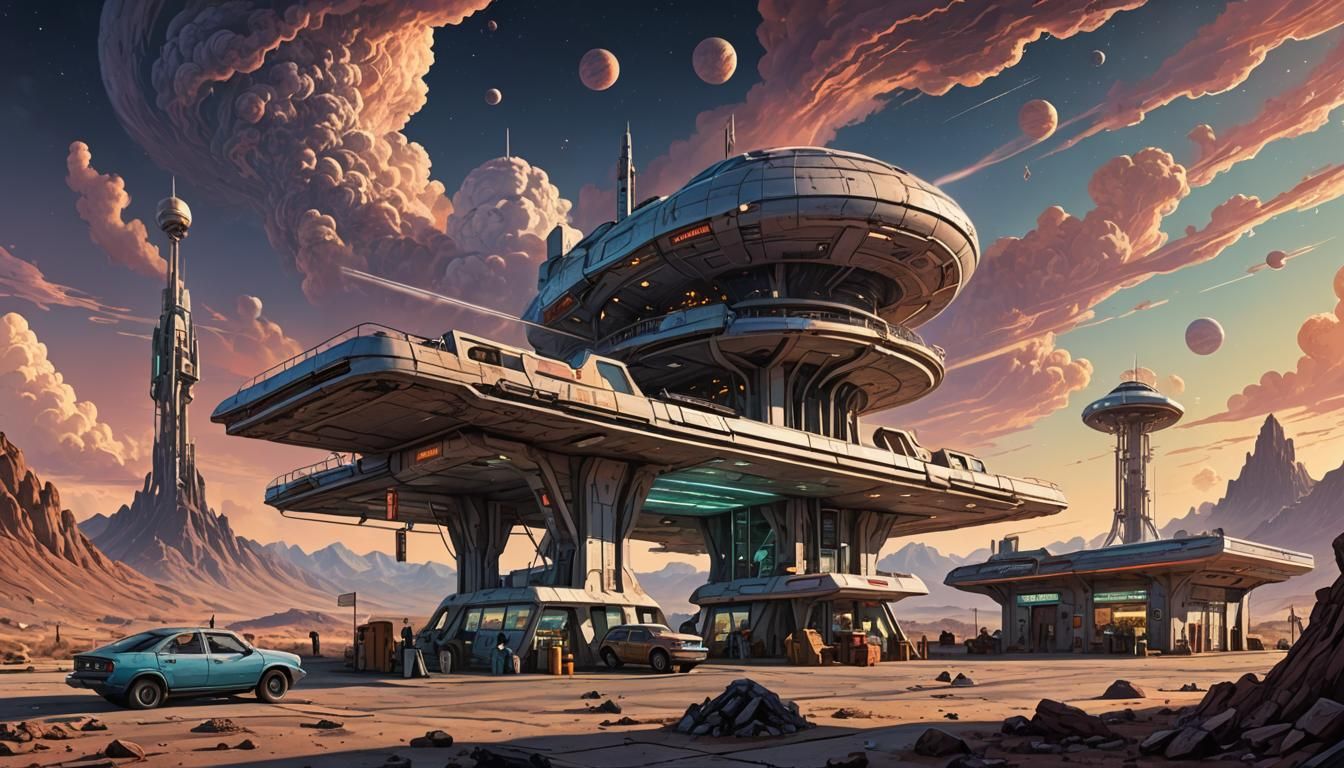 Futuristic Alien Gas Station at Dawn