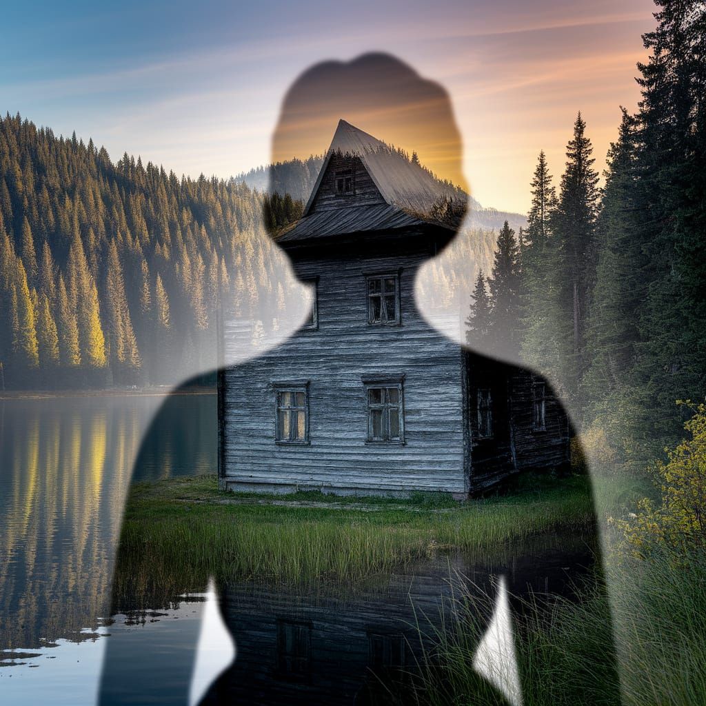 Ukrainian House with Woman Silhouette in Double Exposure