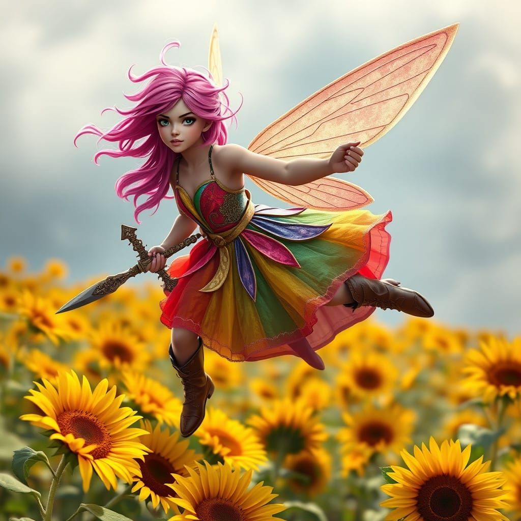 Whimsical Fairy Soars Through Vibrant Sunflower Field in Fan...