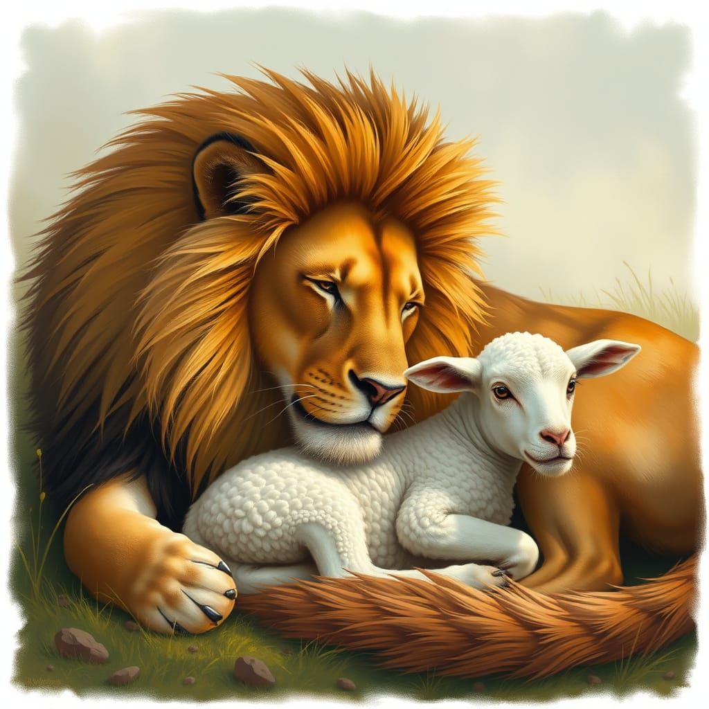 Lion and Lamb Resting Together in Peaceful Scene