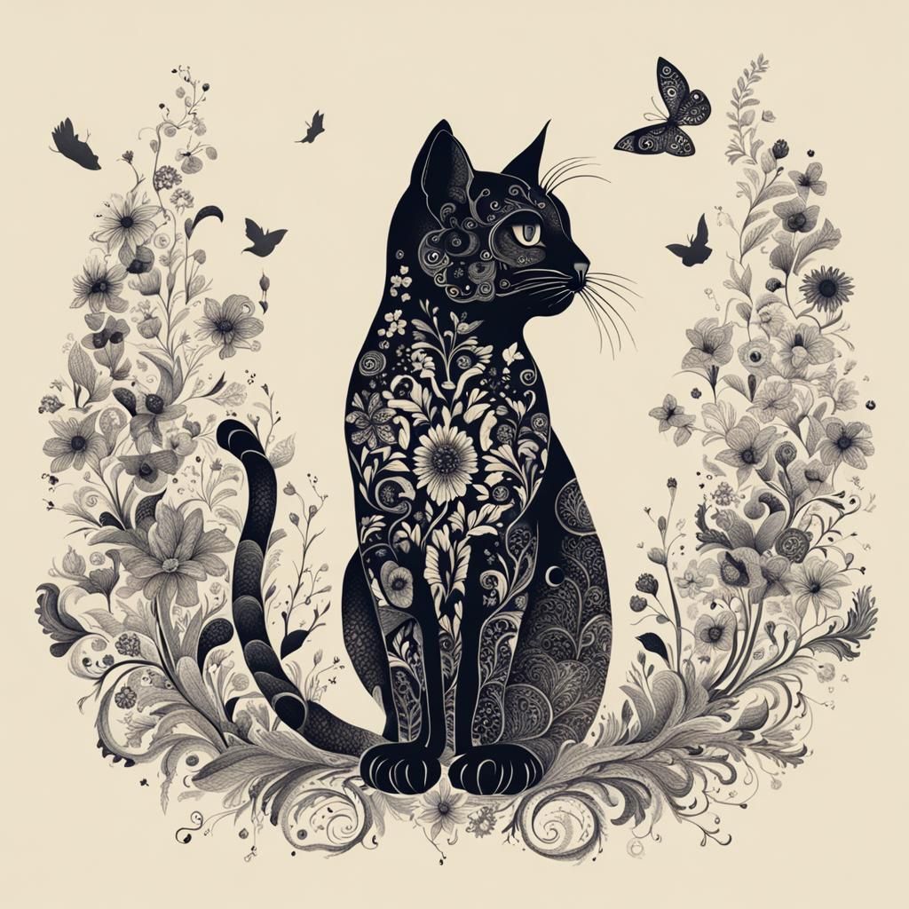 Floral Cat Silhouette in Ink