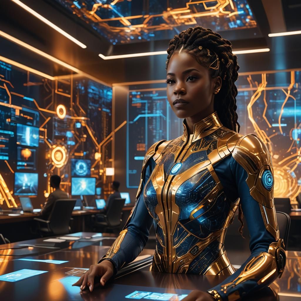 Futuristic AI Educator in Virtual Reality Boardroom