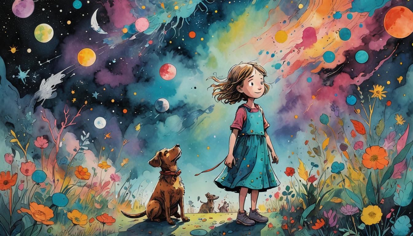 Girl with Dog in Blake and Amaringo Style