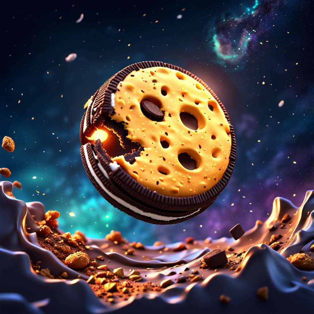 Chocolate Oreo Cookie Moon in Space: 3D Render