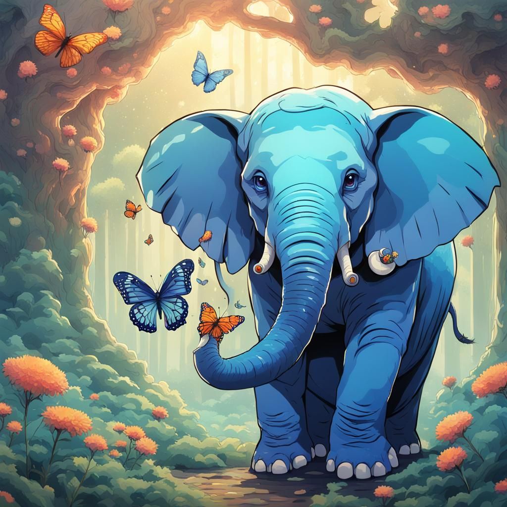 Kind Elephant with Butterfly in Anime Style